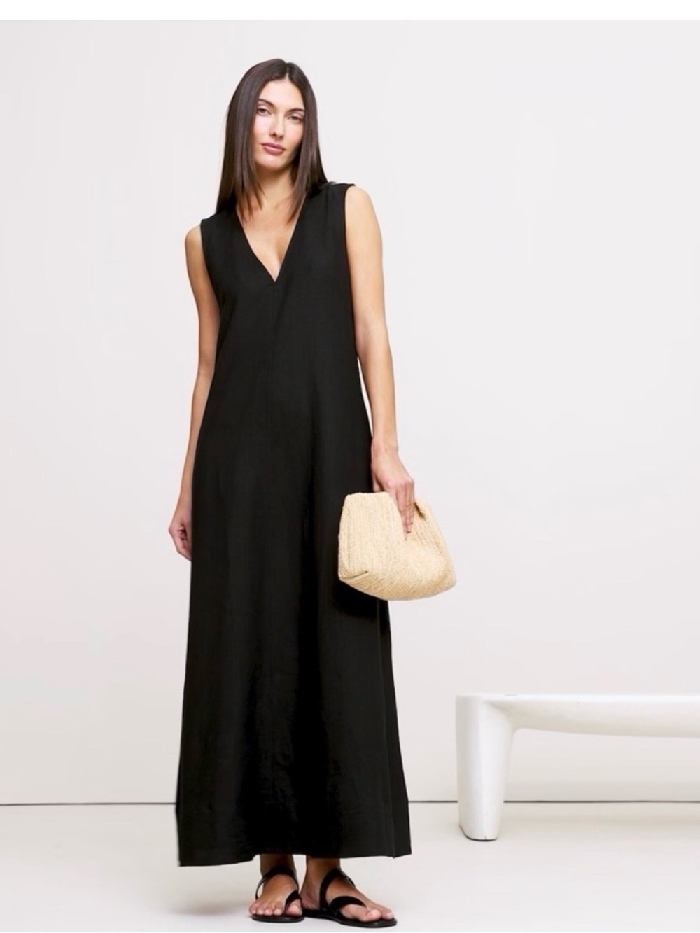 Banana Republic Black Linen Maxi V‑Neck Dress